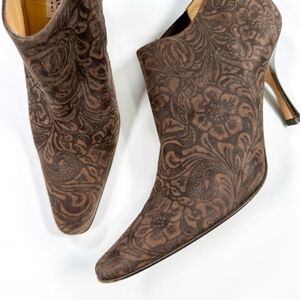 Isaac Mizrahi Brown Embossed Suede Ankle Booties with Heels, Made in Italy